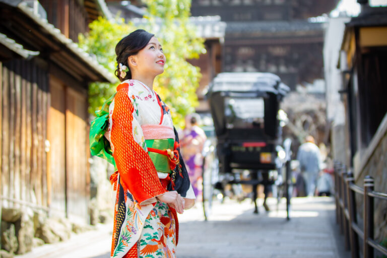 京都の街を背景にした前撮り